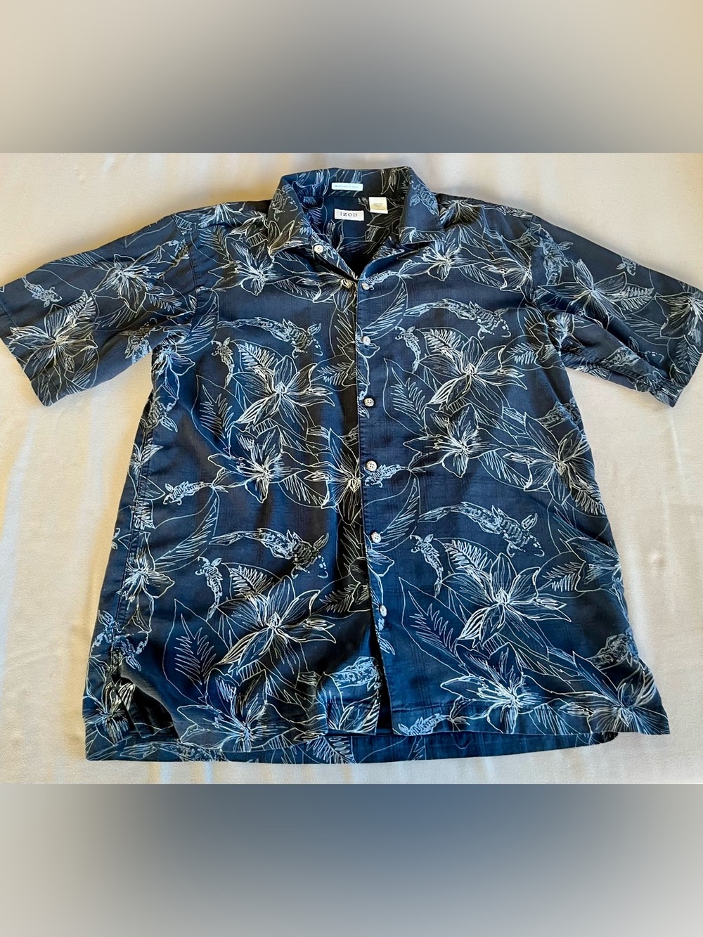 100% Silk Izod Black Button Down Shirt With Fish and Botanical Print | Size L